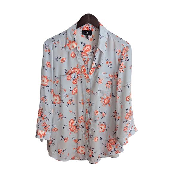 IZ Byer Blue And Pink Floral Button Up Blouse With Roll Sleeves 2XL - Picture 1 of 8